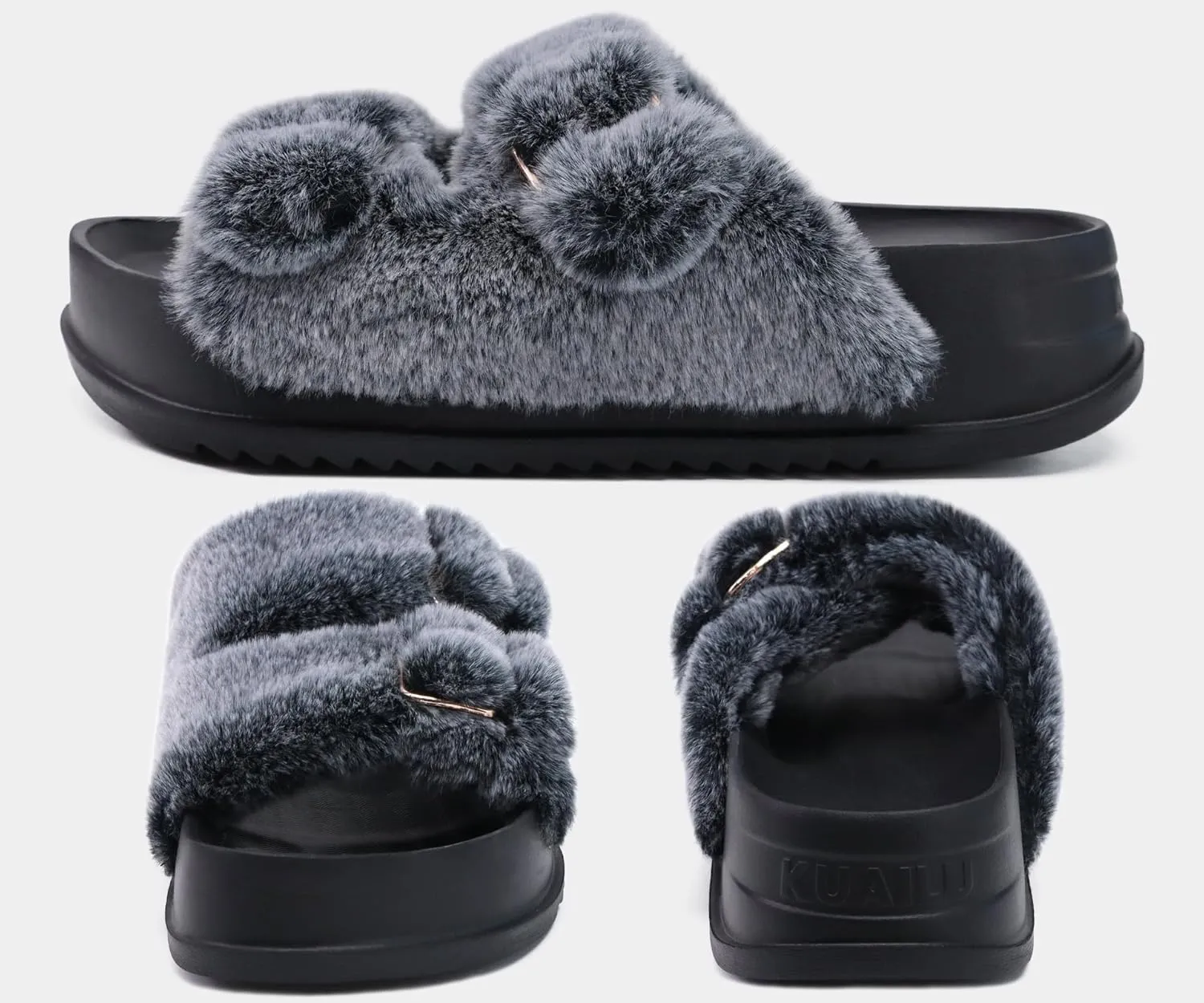 KuaiLu Women's Fluff Slippers Plantar Fasciitis Arch Support Platform Slippers Ladies Fashion Open Toe Faux Fur Sliders Womens House Slipper Size 6-12