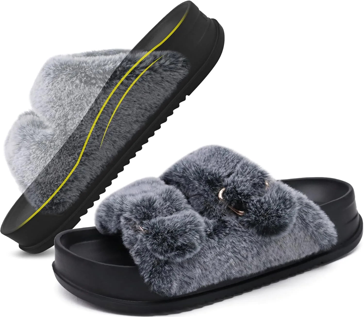 KuaiLu Women's Fluff Slippers Plantar Fasciitis Arch Support Platform Slippers Ladies Fashion Open Toe Faux Fur Sliders Womens House Slipper Size 6-12