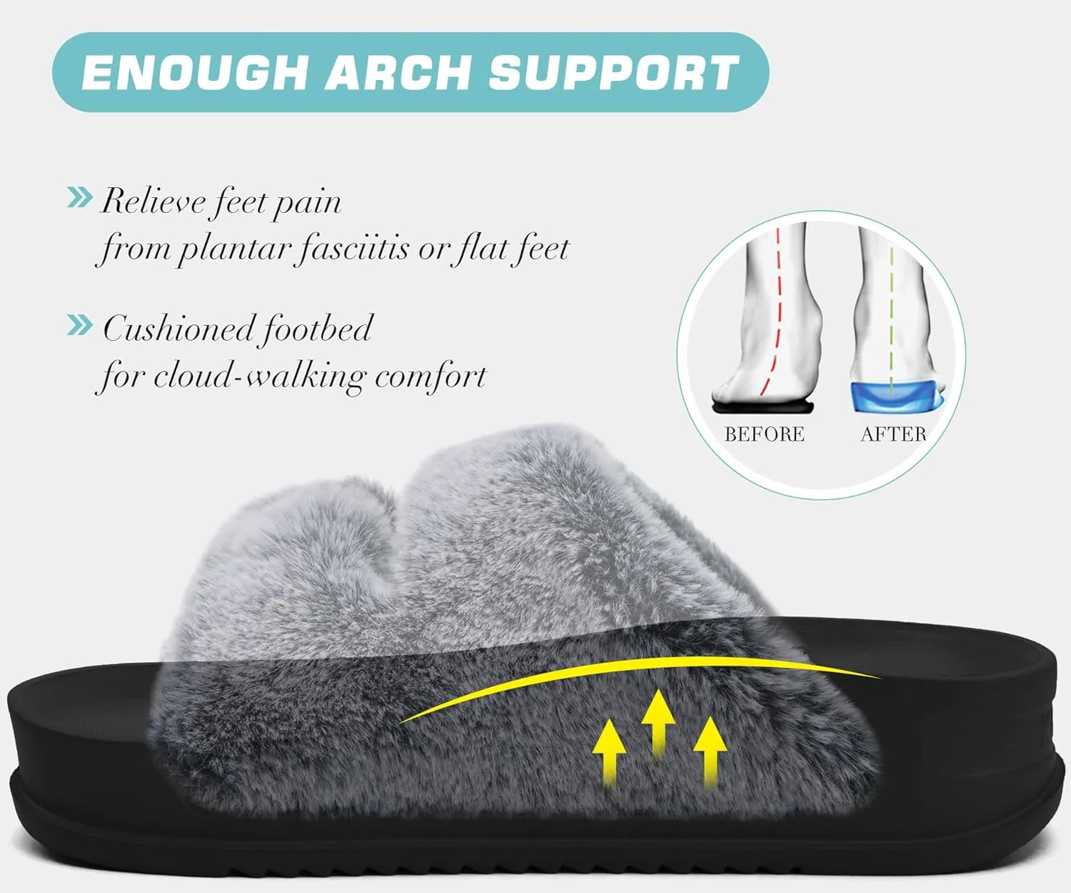 KuaiLu Women's Fluff Slippers Plantar Fasciitis Arch Support Platform Slippers Ladies Fashion Open Toe Faux Fur Sliders Womens House Slipper Size 6-12