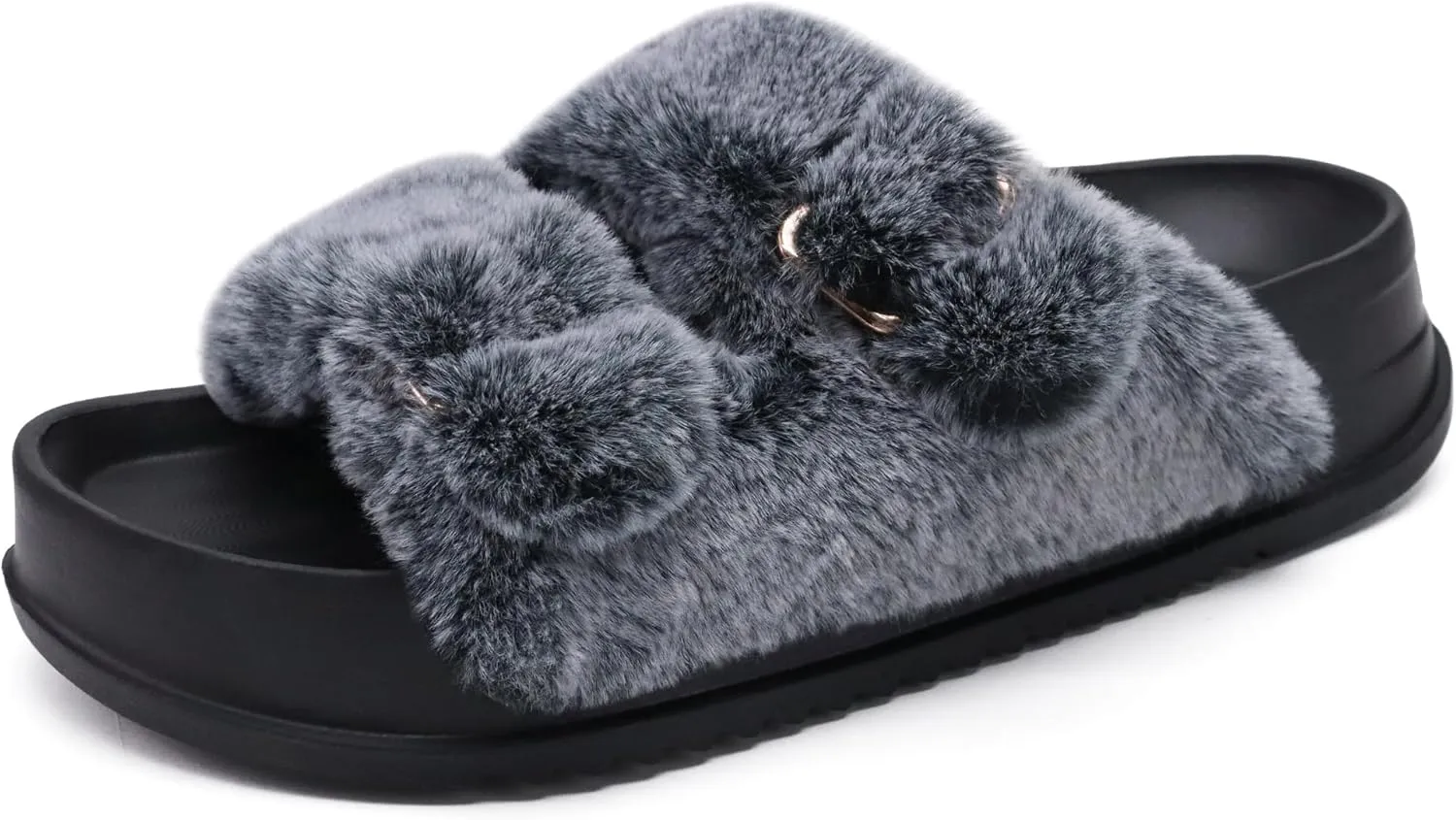 KuaiLu Women's Fluff Slippers Plantar Fasciitis Arch Support Platform Slippers Ladies Fashion Open Toe Faux Fur Sliders Womens House Slipper Size 6-12