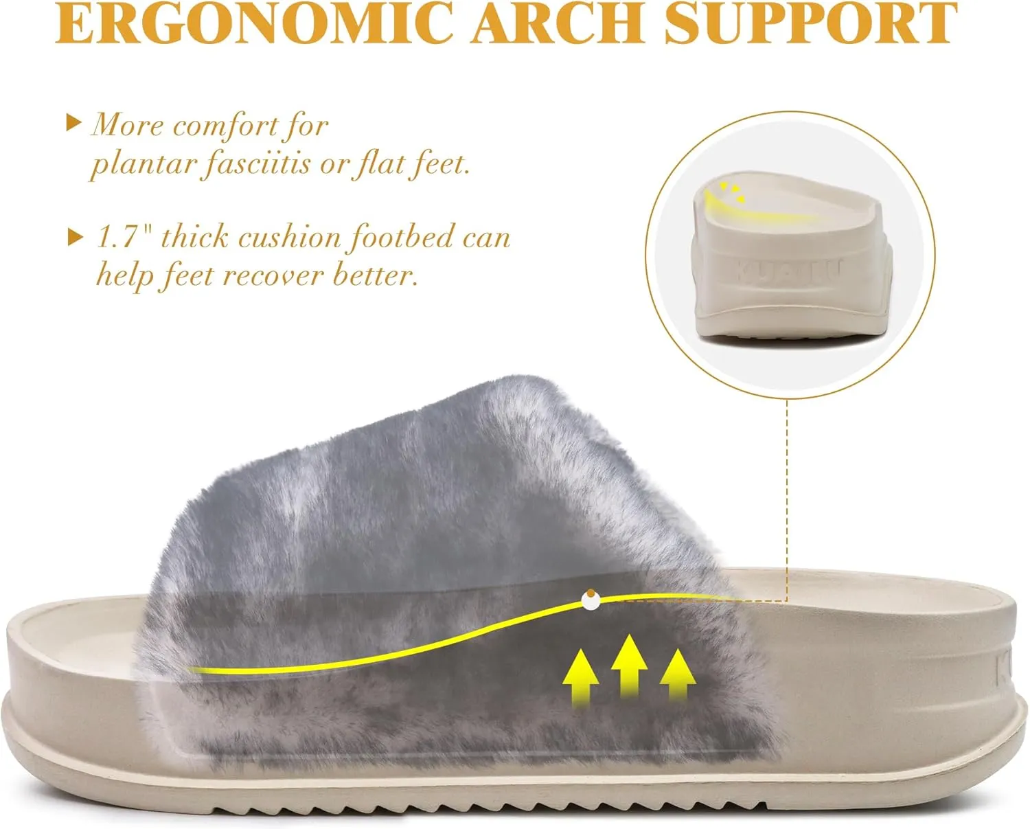 KuaiLu Women's Orthotic Slippers With Arch Support Soft Cushion Sandal Slippers for Woman Ladies Fashion Open Toe Faux Fur Platform Slipper Indoor Outdoor Size 6~12