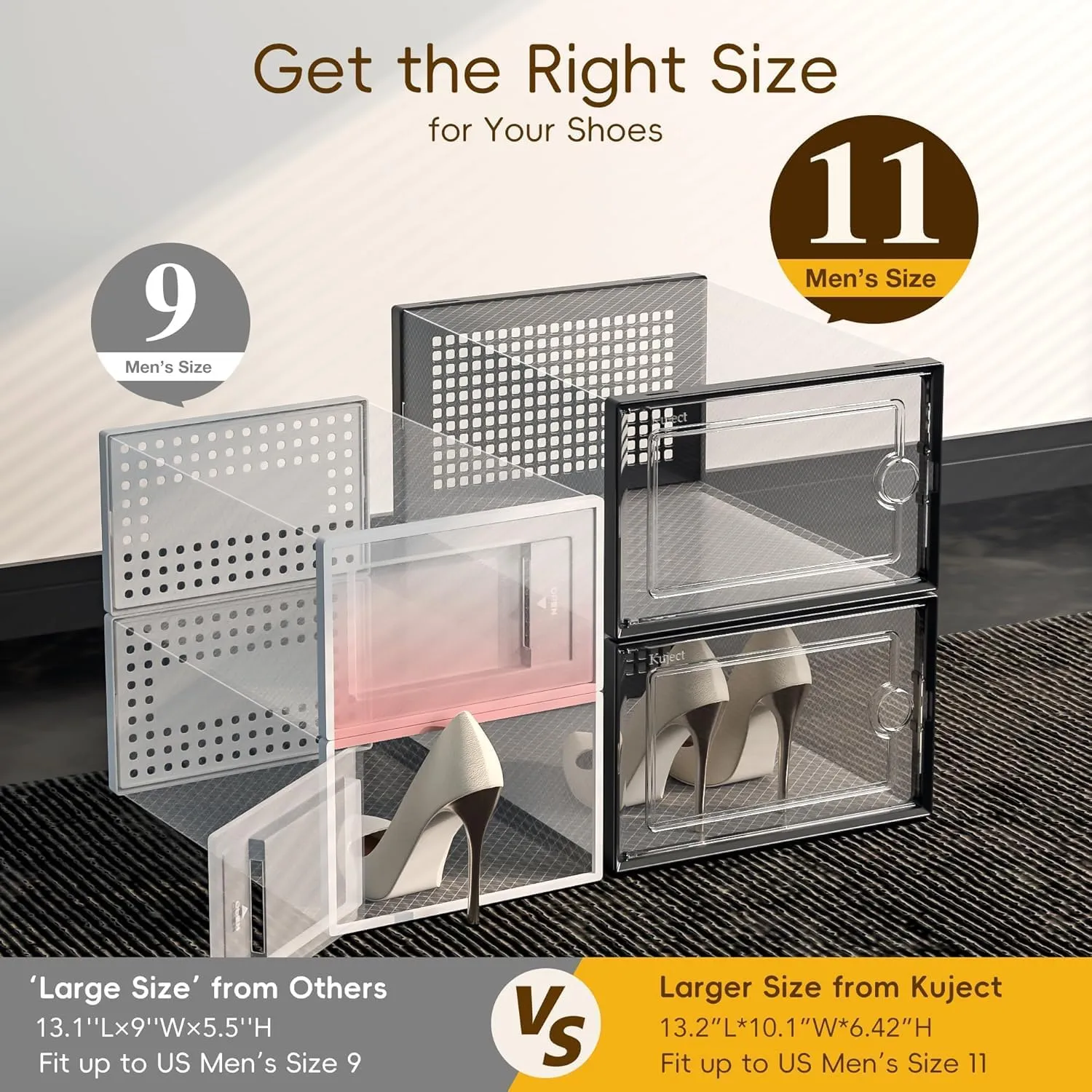 Kuject X-Large Shoe Storage Boxes Organizers Clear Plastic Stackable 12 Pack, Shoe Rack & Holder Substitute, Sneaker Containers, Toy Storage Organizer Bins for Entryway, Closet, Under Bed, Black