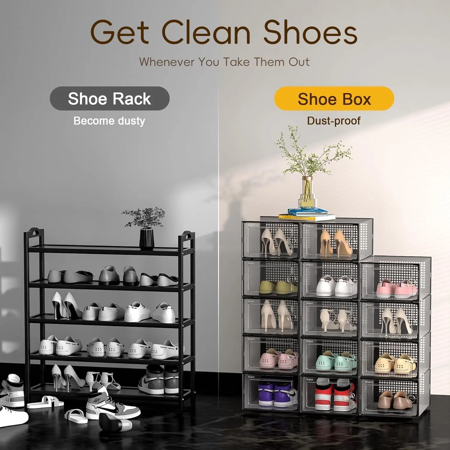 Kuject X-Large Shoe Storage Boxes Organizers Clear Plastic Stackable 12 Pack, Shoe Rack & Holder Substitute, Sneaker Containers, Toy Storage Organizer Bins for Entryway, Closet, Under Bed, Black