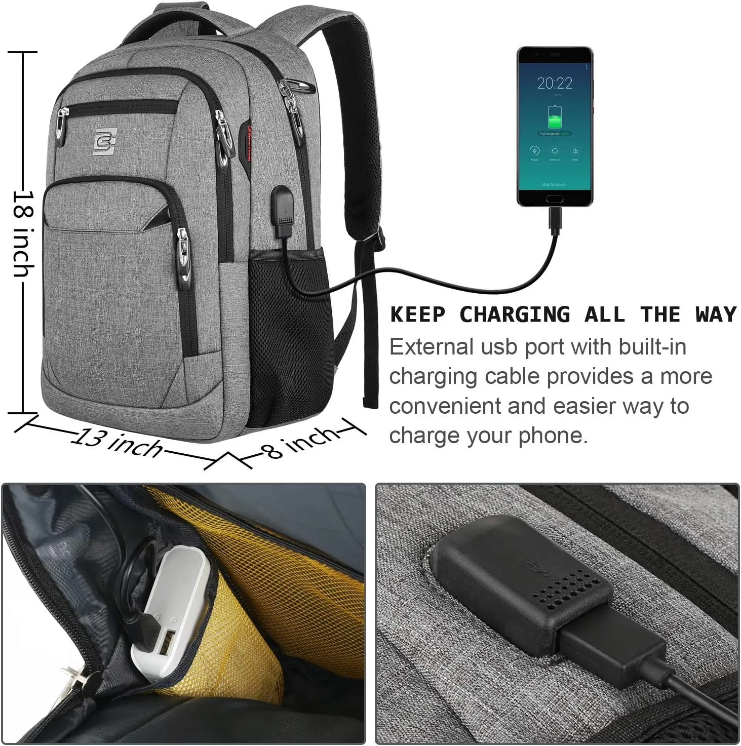 Laptop Backpack,Business Travel Anti Theft Slim Durable Laptops Backpack with USB Charging Port,Water Resistant College Computer Bag for Women & Men Fits 15.6 Inch Laptop and Notebook - Grey