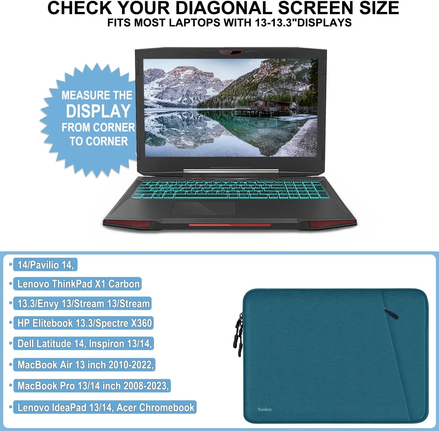Laptop Sleeve Bag 13.3 inch, Shockproof Protective Computer Cover with Accessories Pocket, Portable Laptop Case Compatible with MacBook Air/Pro 13-13.3 inch, Compatible for MacBook Pro 14 inch, Cyan