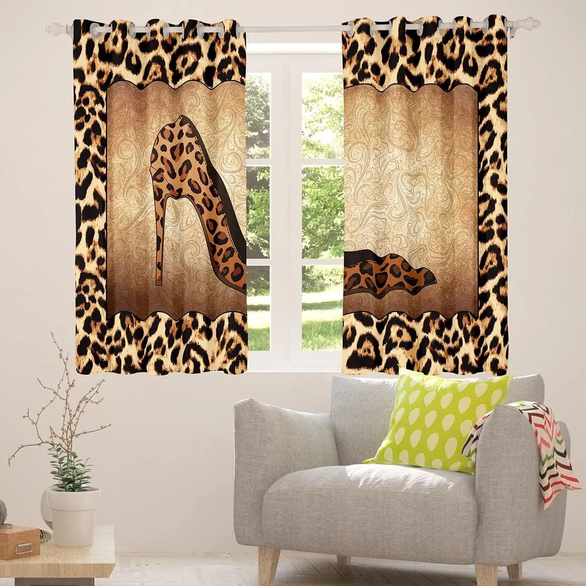Leopard High Heels Curtains Romantic Mandala Floral Window Curtain for Kids Girls Women Adult Room Decor Wild Animals Skin Window Treatment Curtain Fashion Brown Window Drapes,Top 2 Panel,42Wx90L