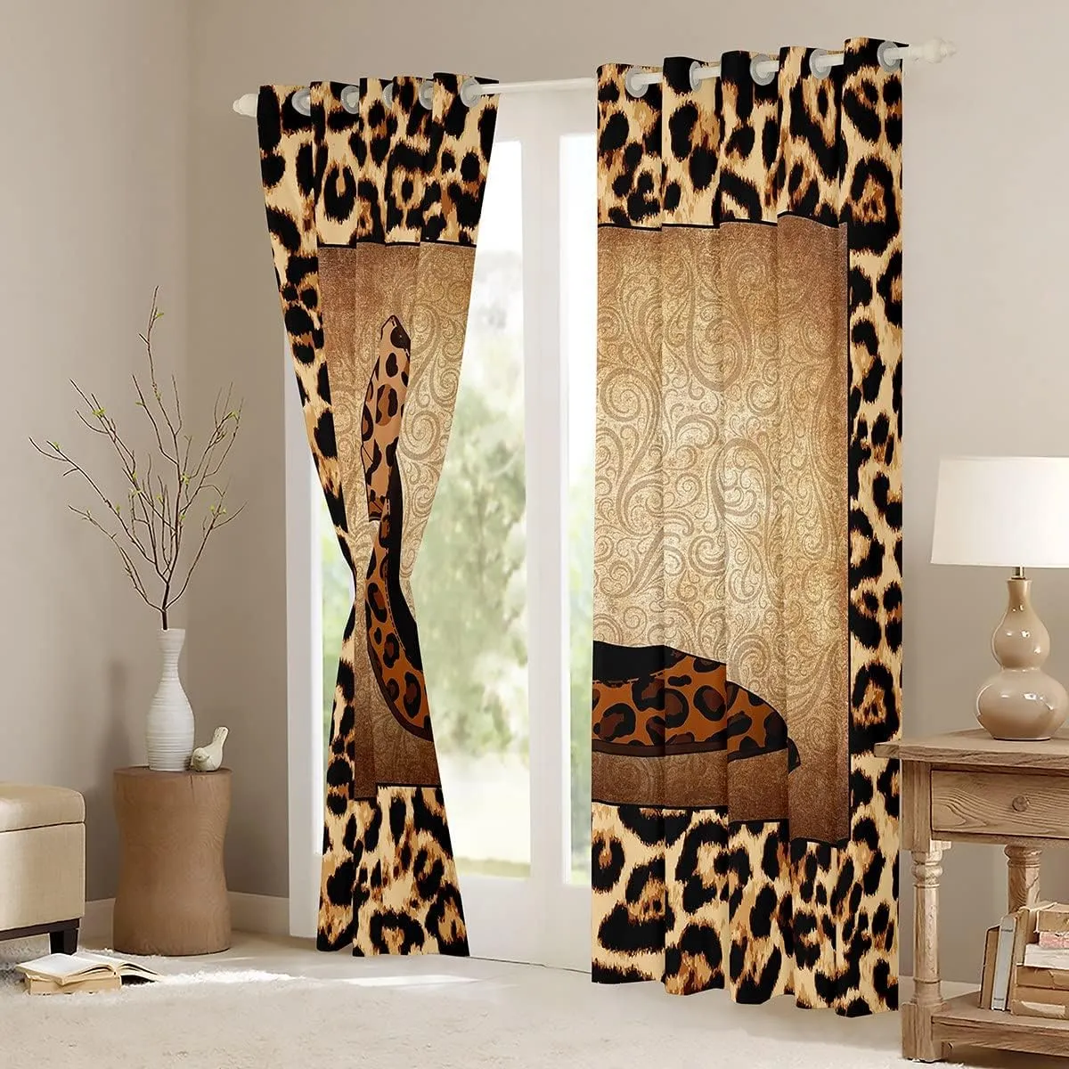 Leopard High Heels Curtains Romantic Mandala Floral Window Curtain for Kids Girls Women Adult Room Decor Wild Animals Skin Window Treatment Curtain Fashion Brown Window Drapes,Top 2 Panel,42Wx90L