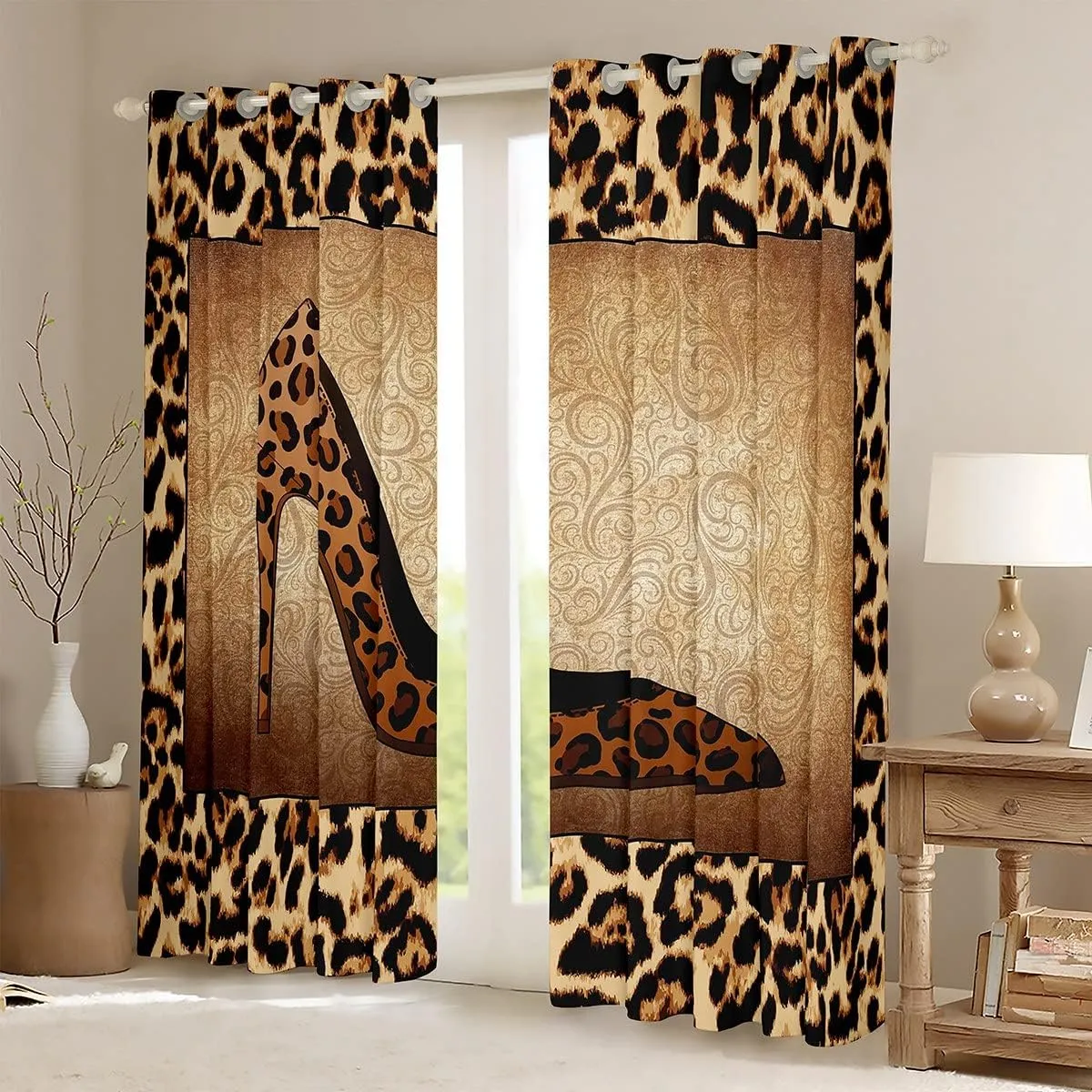 Leopard High Heels Curtains Romantic Mandala Floral Window Curtain for Kids Girls Women Adult Room Decor Wild Animals Skin Window Treatment Curtain Fashion Brown Window Drapes,Top 2 Panel,42Wx90L
