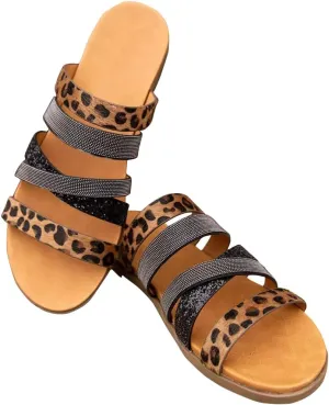 Leopard Sequined Round Toe Flat Slippers, Womens Leopard Sequined Round Toe Flat Slippers Summer Cross-Band