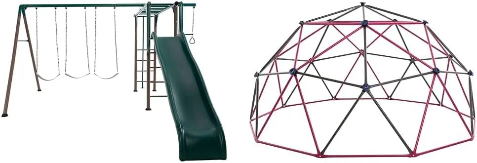 Lifetime 91028 Monkey Bar Adventure Swing Set - Earth Tone Colors & 91088 Geometric Dome Climber Jungle Gym, 5.5' High x 11' Wide, Berry & Brown, 66-Inch