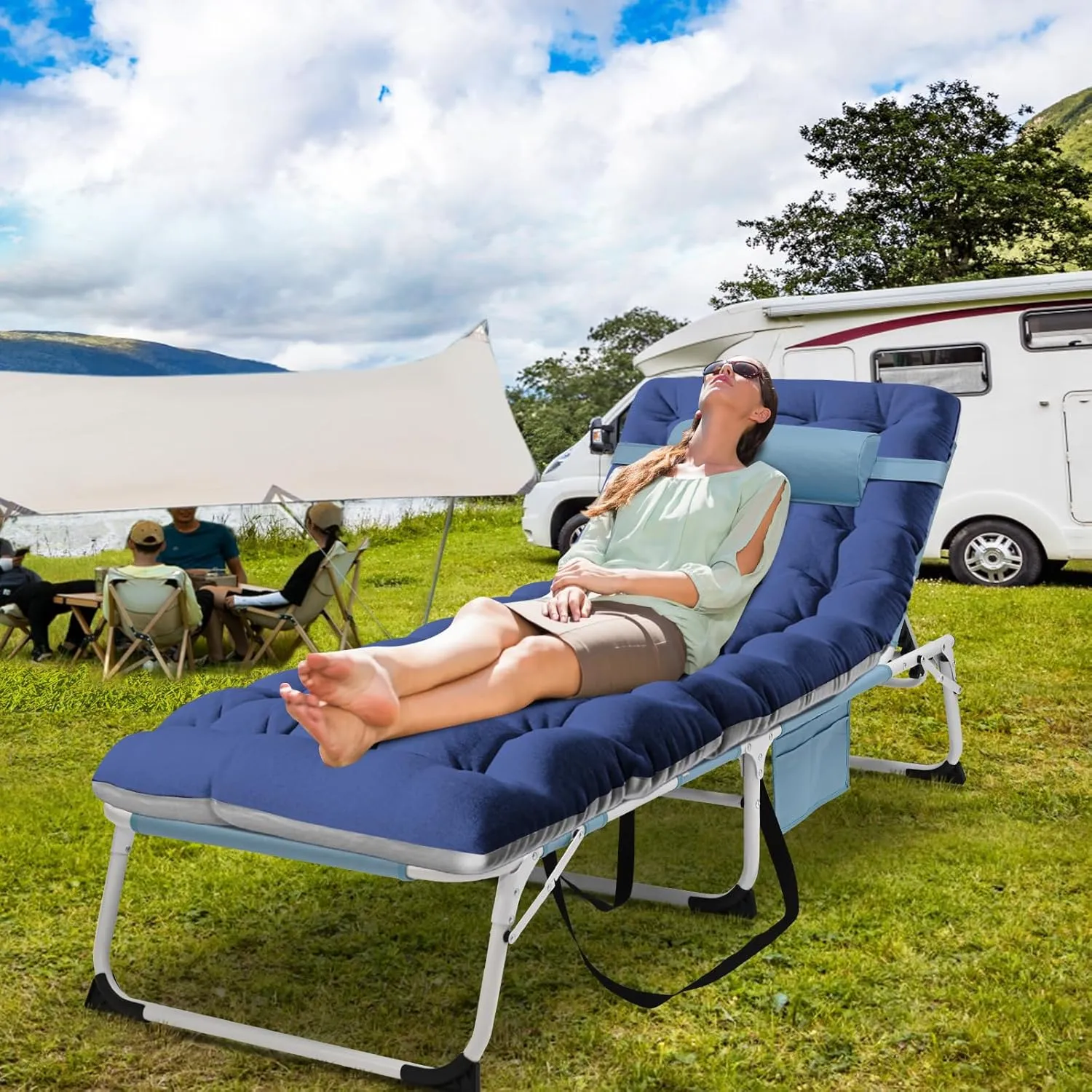 LILYPELLE Folding Chaise Lounge Chair with Mattress, 5 Position Beach Chair with Face Hole, Patio Chaise Lounge Chair for Outside, Sunbathing, Camping, Pool, Beach, Poolside
