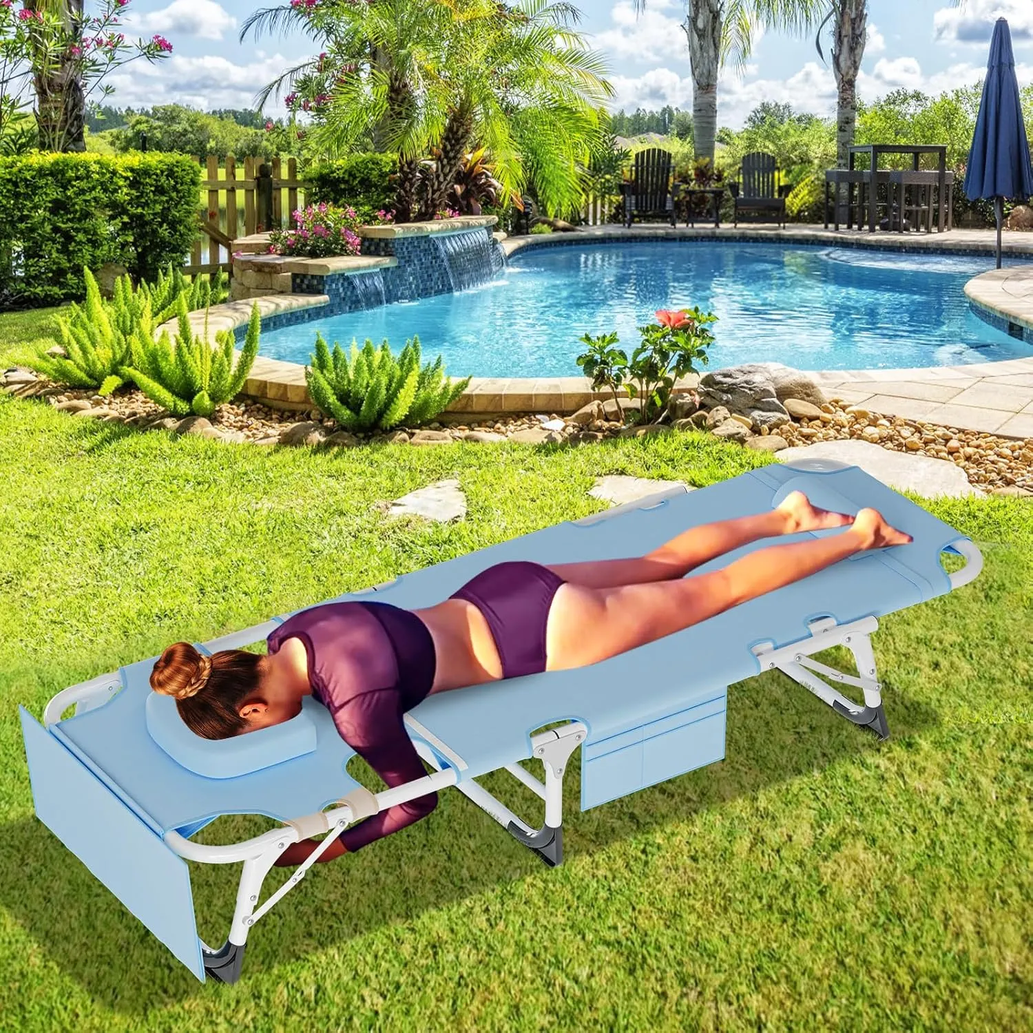 LILYPELLE Folding Chaise Lounge Chair with Mattress, 5 Position Beach Chair with Face Hole, Patio Chaise Lounge Chair for Outside, Sunbathing, Camping, Pool, Beach, Poolside