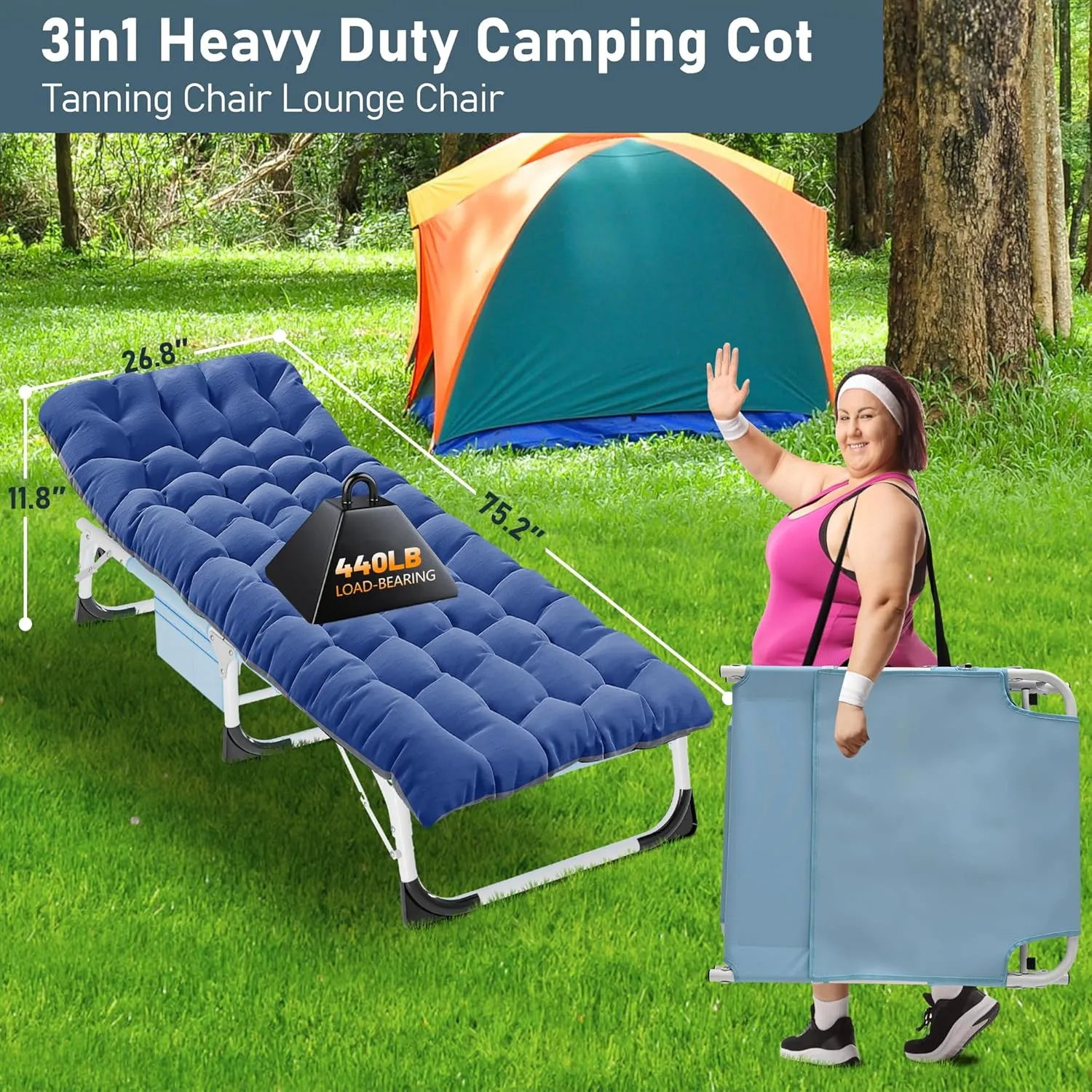 LILYPELLE Folding Chaise Lounge Chair with Mattress, 5 Position Beach Chair with Face Hole, Patio Chaise Lounge Chair for Outside, Sunbathing, Camping, Pool, Beach, Poolside