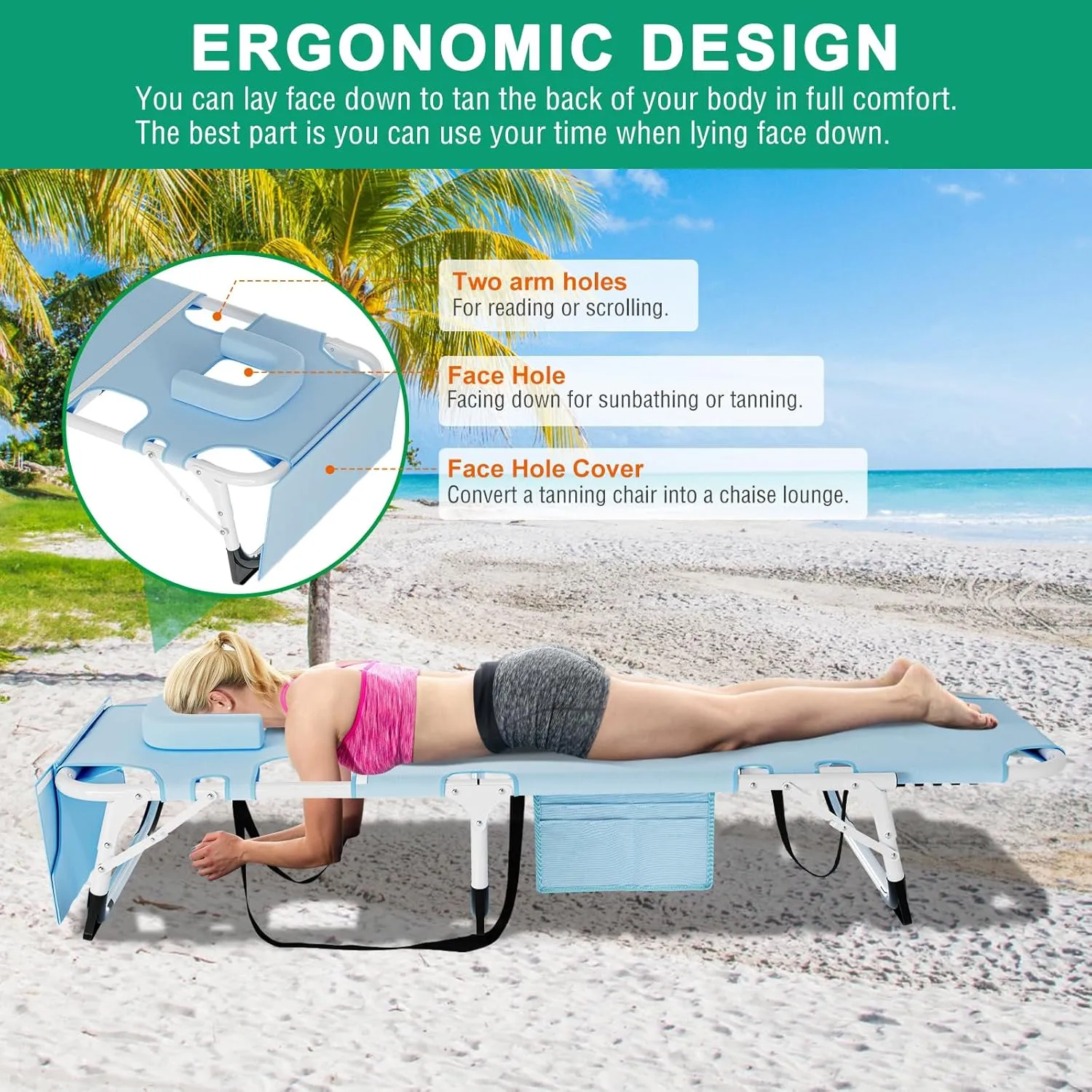 LILYPELLE Folding Chaise Lounge Chair with Mattress, 5 Position Beach Chair with Face Hole, Patio Chaise Lounge Chair for Outside, Sunbathing, Camping, Pool, Beach, Poolside