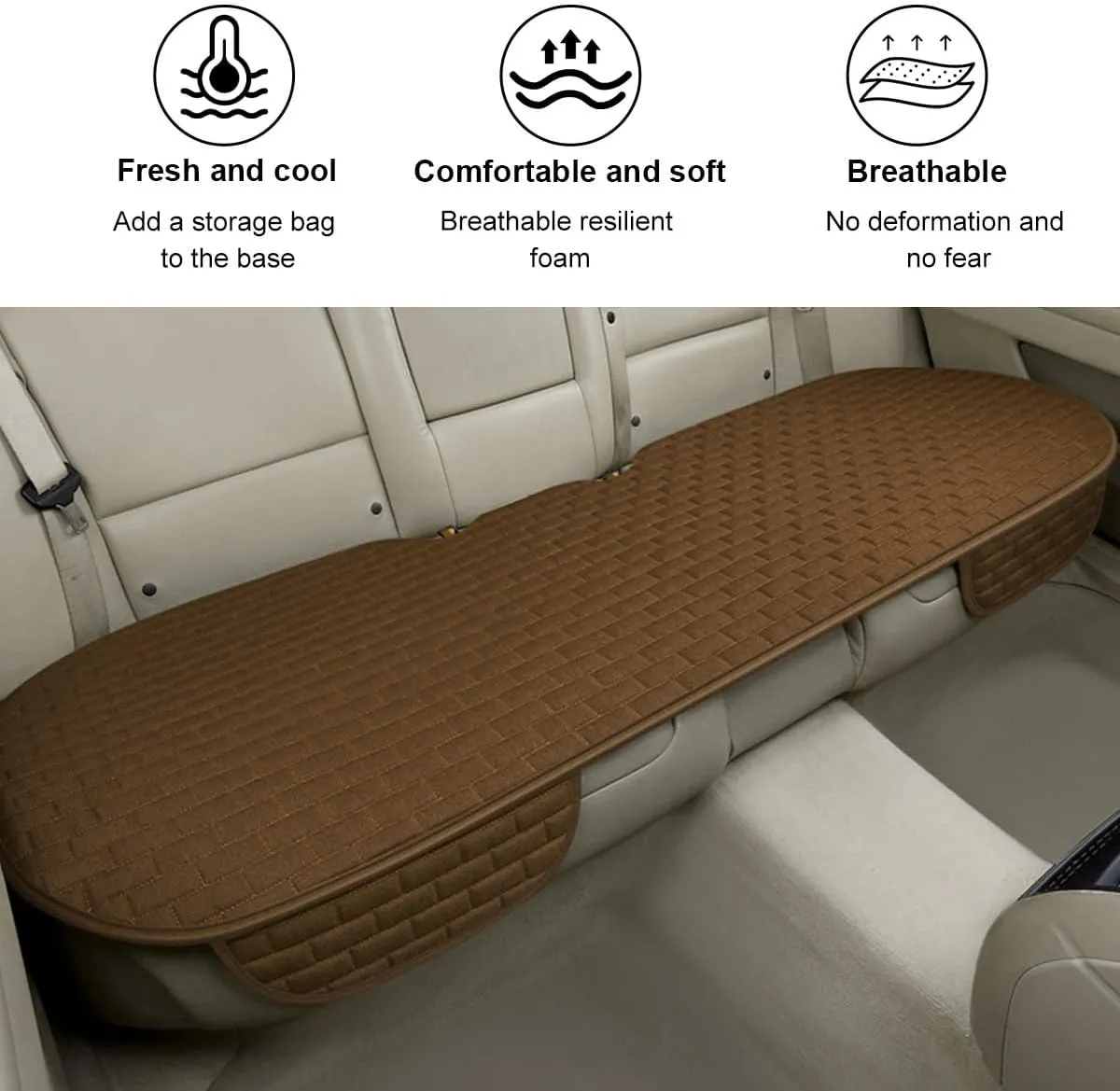 Linen Back Car Seat Cover, Anti-Slip Long Bottom Rear Seat Cover Protector with Storage Pockets, Breathable Linen Rear Bench Seat Protector Cushion Pad for Most Vehicles (Brown)