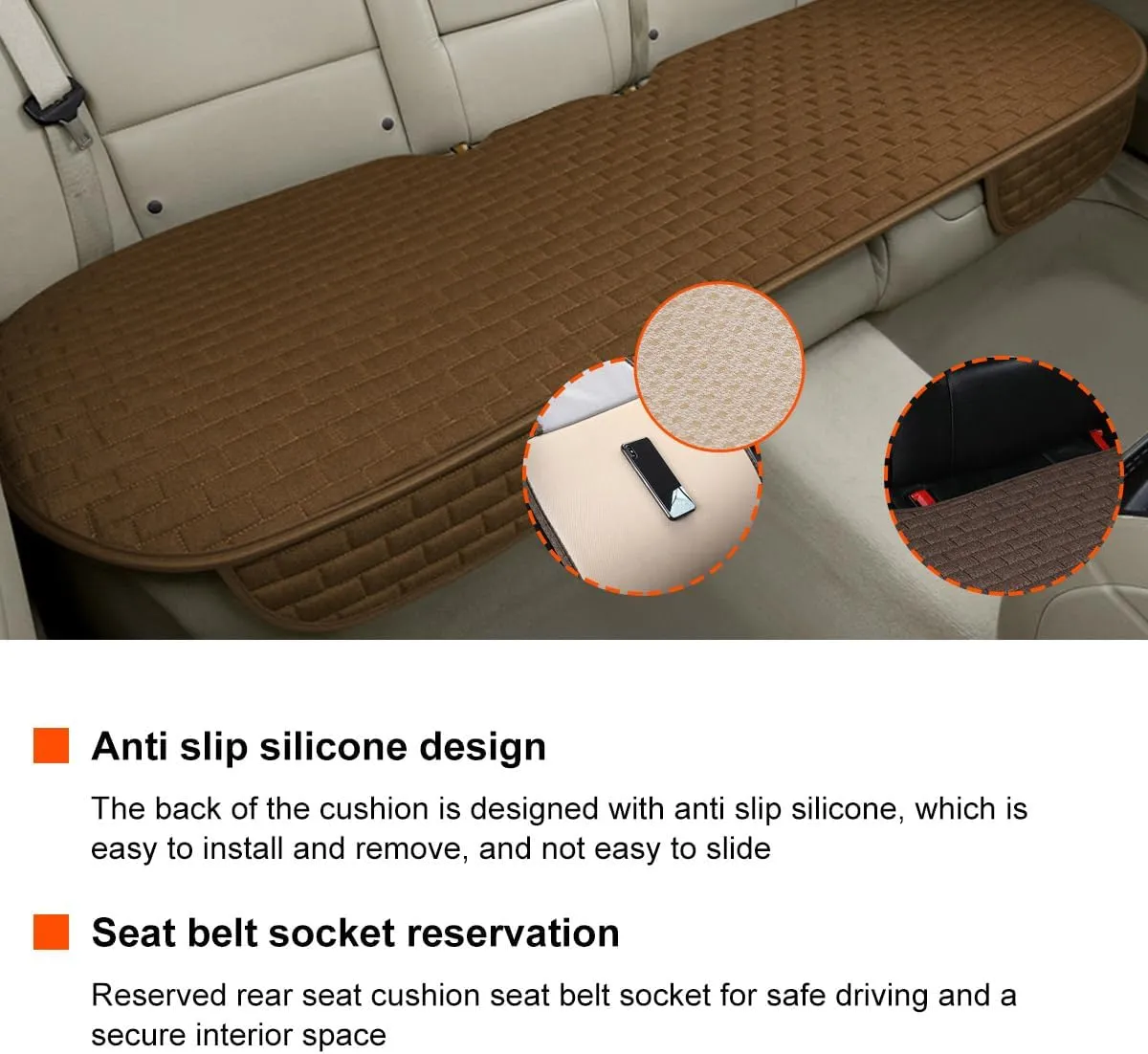 Linen Back Car Seat Cover, Anti-Slip Long Bottom Rear Seat Cover Protector with Storage Pockets, Breathable Linen Rear Bench Seat Protector Cushion Pad for Most Vehicles (Brown)