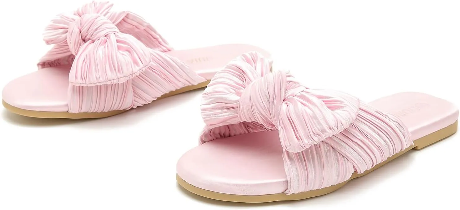 LIURUIJIA Womens Pleated Satin Bow Flats Slide Sandals Casual Dressy Open Toe Slip on Cute Summer Shoes