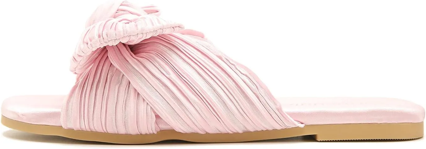 LIURUIJIA Womens Pleated Satin Bow Flats Slide Sandals Casual Dressy Open Toe Slip on Cute Summer Shoes