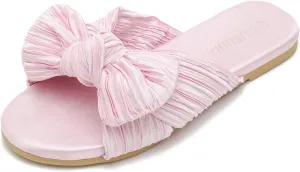 LIURUIJIA Womens Pleated Satin Bow Flats Slide Sandals Casual Dressy Open Toe Slip on Cute Summer Shoes