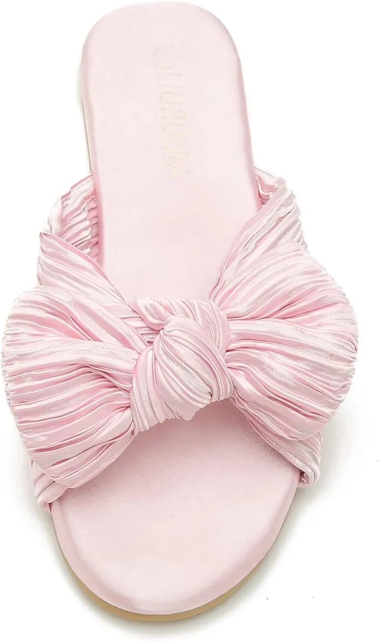 LIURUIJIA Womens Pleated Satin Bow Flats Slide Sandals Casual Dressy Open Toe Slip on Cute Summer Shoes