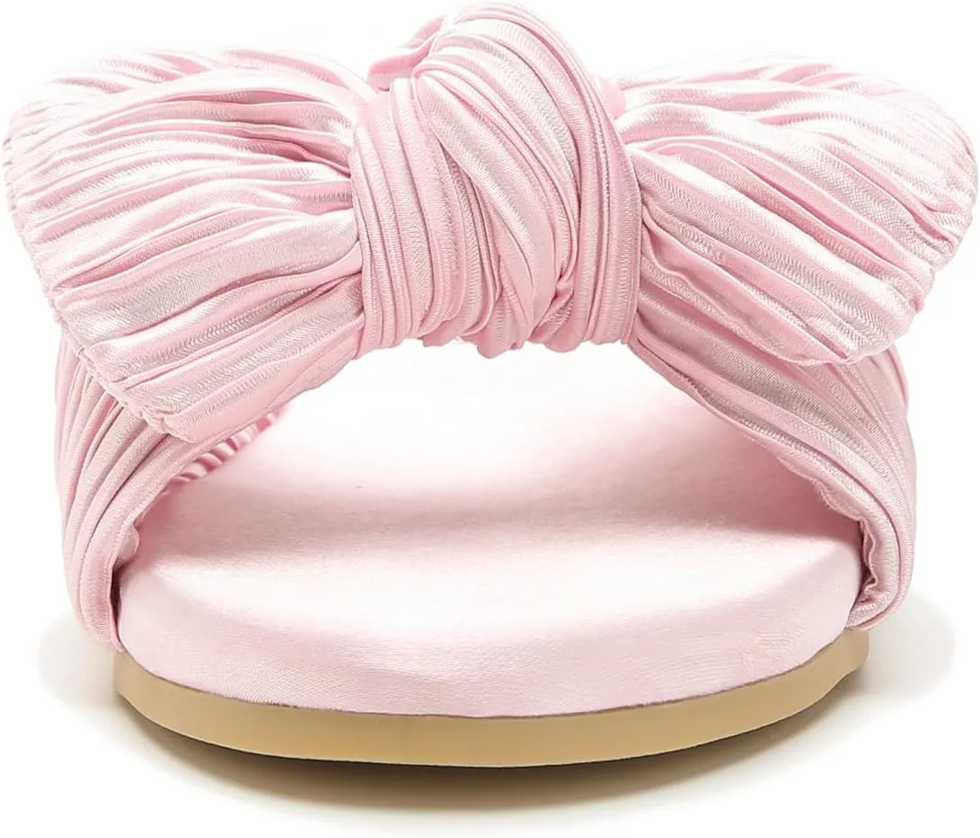LIURUIJIA Womens Pleated Satin Bow Flats Slide Sandals Casual Dressy Open Toe Slip on Cute Summer Shoes