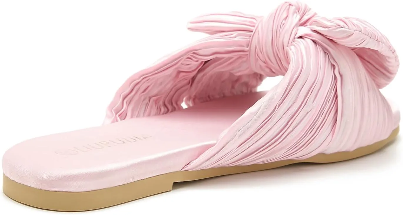 LIURUIJIA Womens Pleated Satin Bow Flats Slide Sandals Casual Dressy Open Toe Slip on Cute Summer Shoes