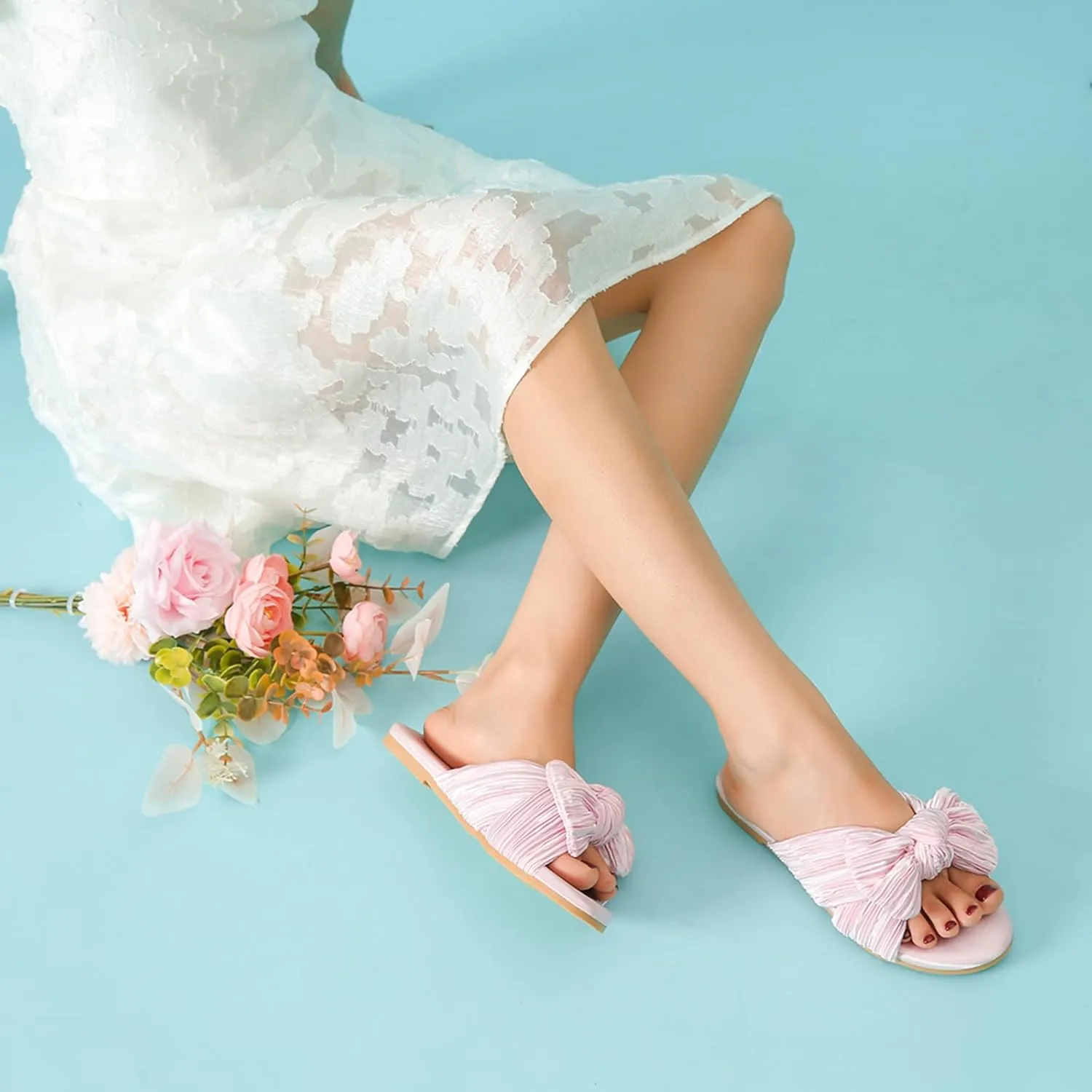 LIURUIJIA Womens Pleated Satin Bow Flats Slide Sandals Casual Dressy Open Toe Slip on Cute Summer Shoes