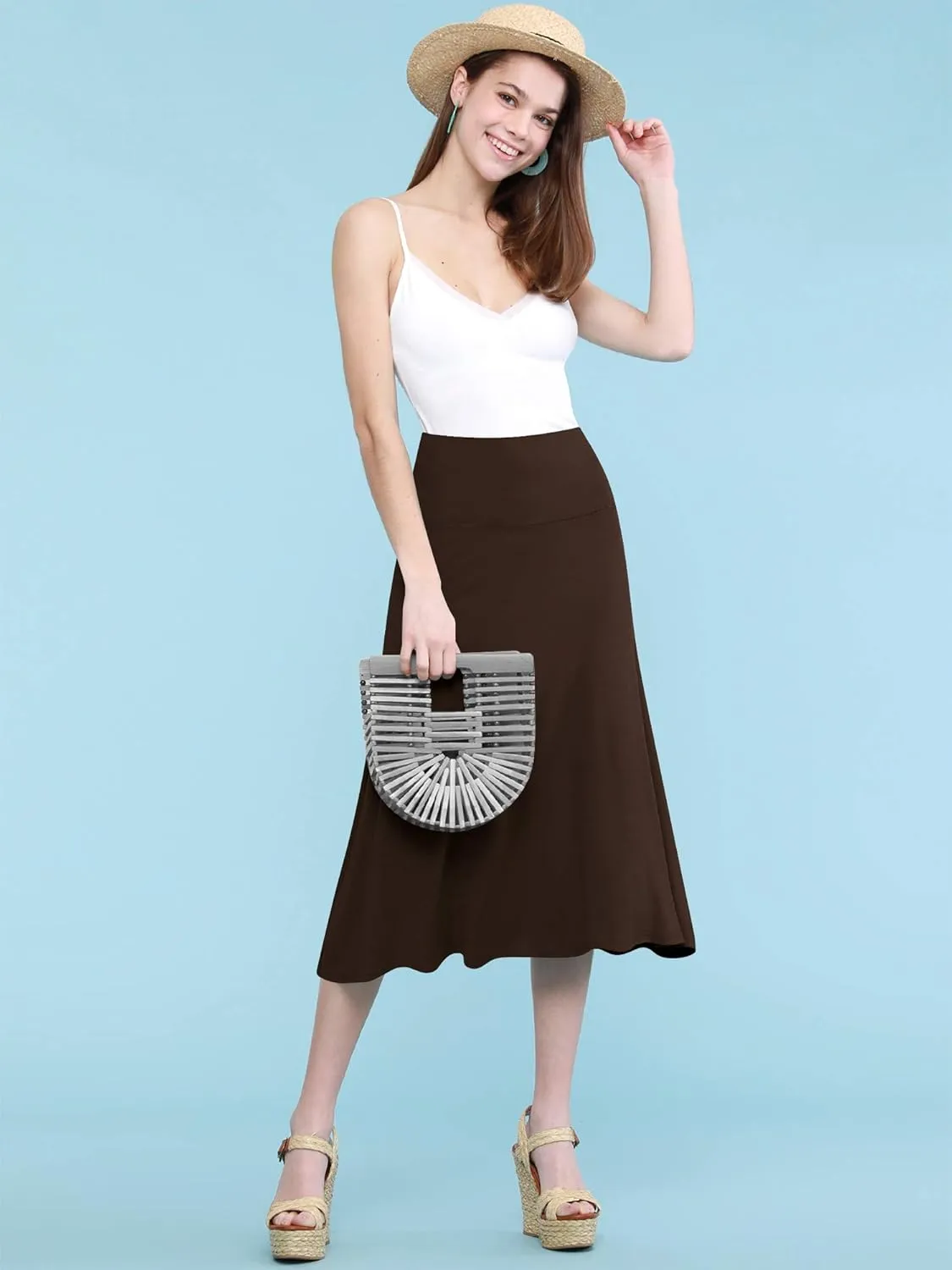 Lock and Love Women's Solid Ombre Lightweight Flare Midi Pull On Closure Skirt S-XXXL Plus Size