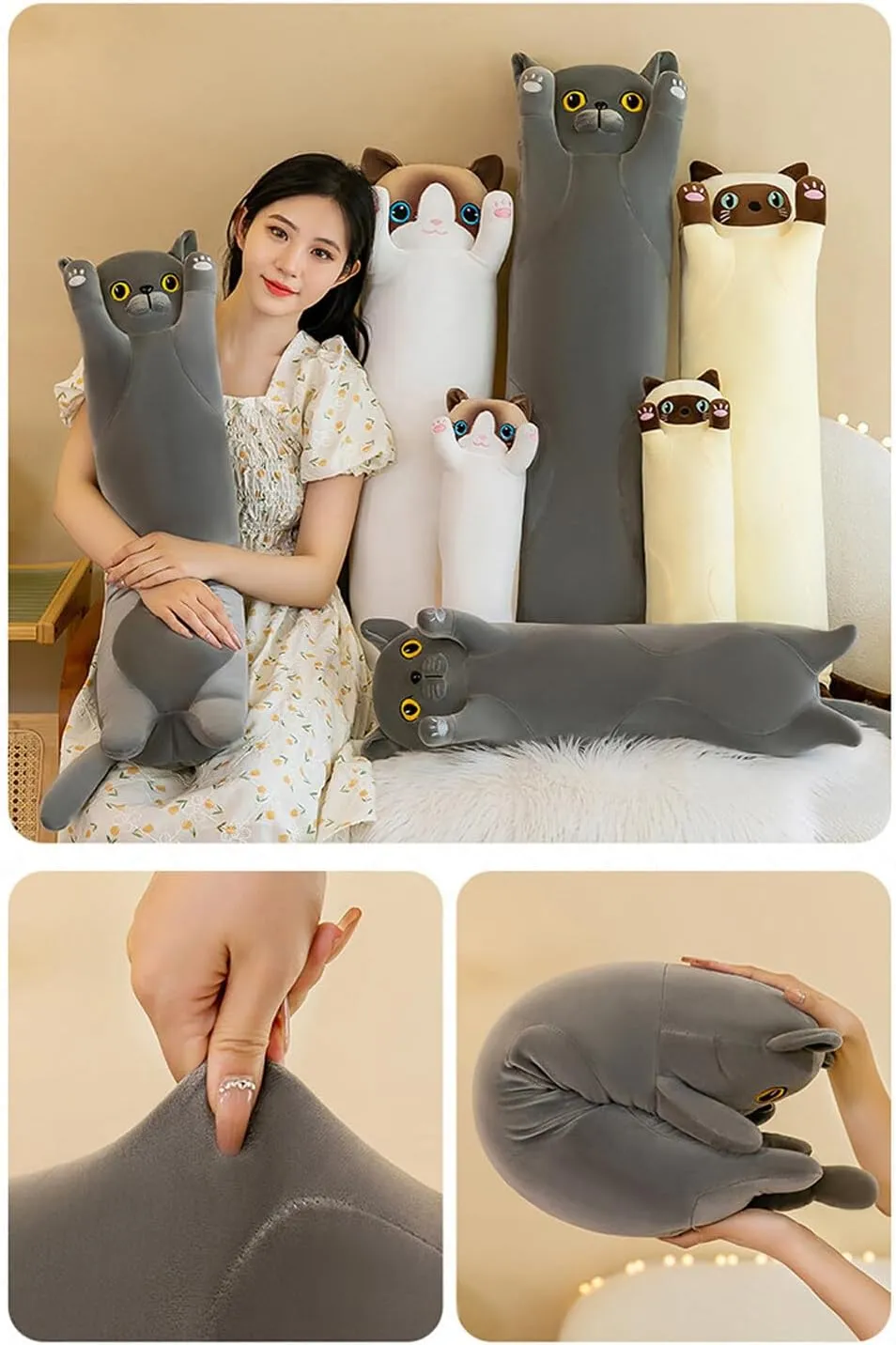 Long Cat Plush Body Pillow, 27.55 inch Cartoon Stuffed Animals Cat Plushie, Soft Cat Plush Throw Pillow Cute Kitten Plush Doll Toy Gift for Kids Girls Girfriend