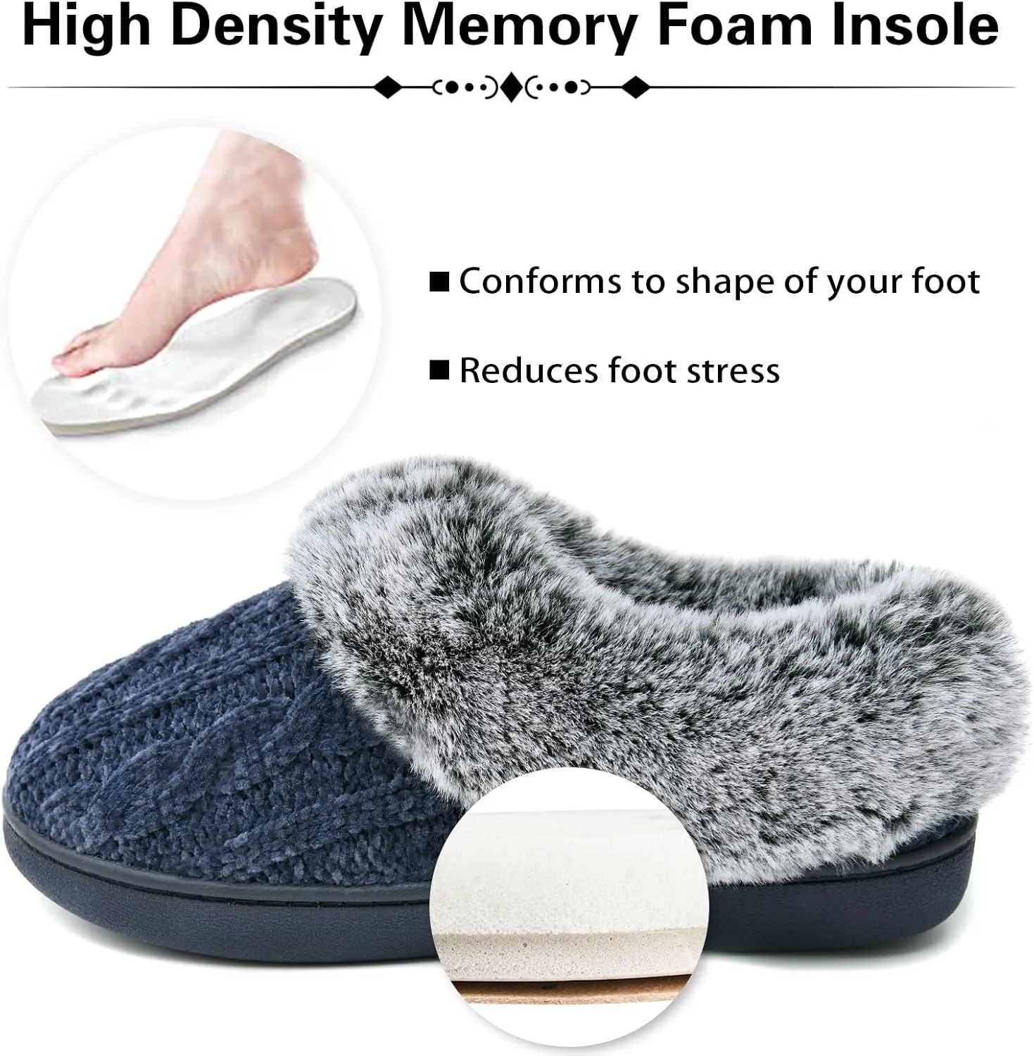 LORDFON Womens Winter House Slippers Memory Foam，Warm Closed Back Indoor Slippers For Women With Soft Faux Fur Plush Collar,Cozy Ladies Slip-on bedroom Home Slippers Non-Slip
