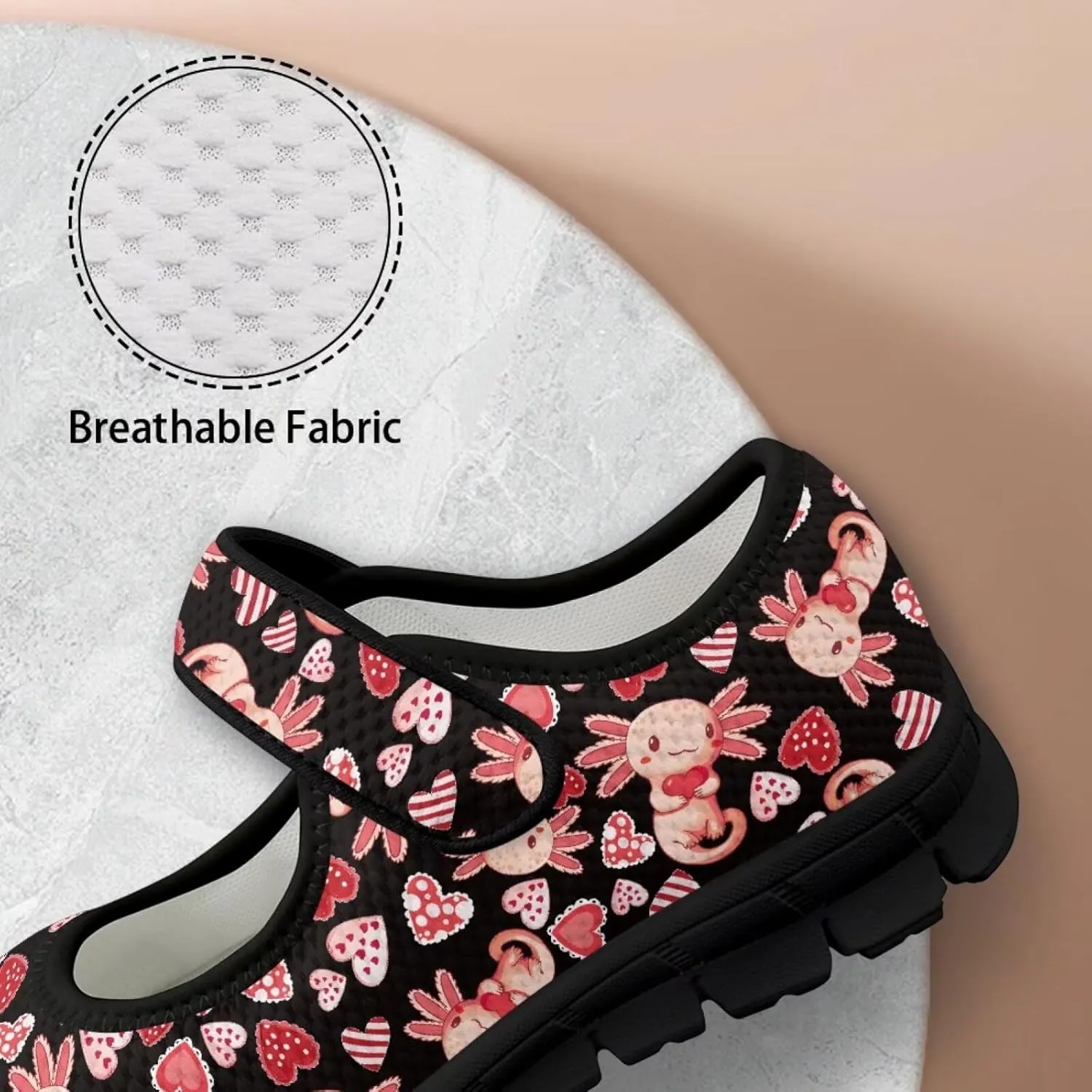 Love Heart Pattern Womens Shoes Casual Breathable Slip On Kung Fu Mary Jane Shoes Diabetic Adjustable Grounding Shoes