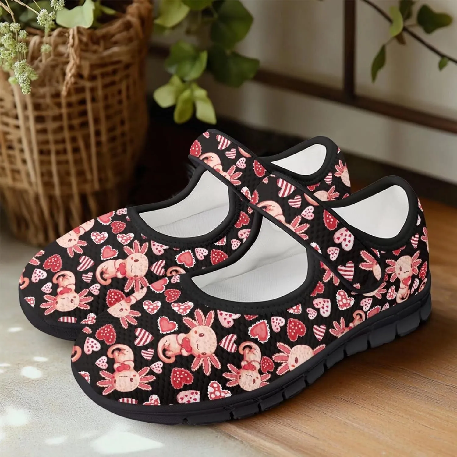 Love Heart Pattern Womens Shoes Casual Breathable Slip On Kung Fu Mary Jane Shoes Diabetic Adjustable Grounding Shoes
