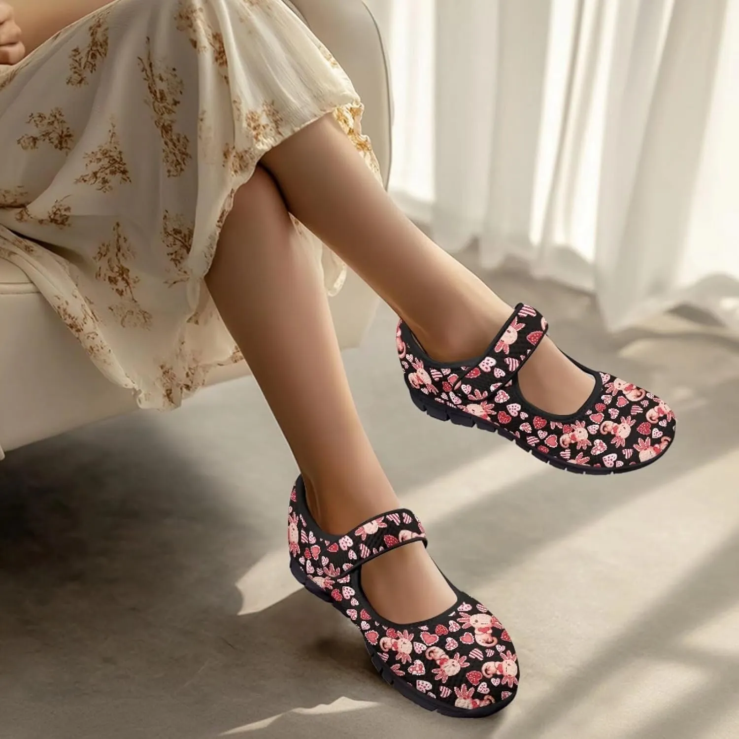 Love Heart Pattern Womens Shoes Casual Breathable Slip On Kung Fu Mary Jane Shoes Diabetic Adjustable Grounding Shoes