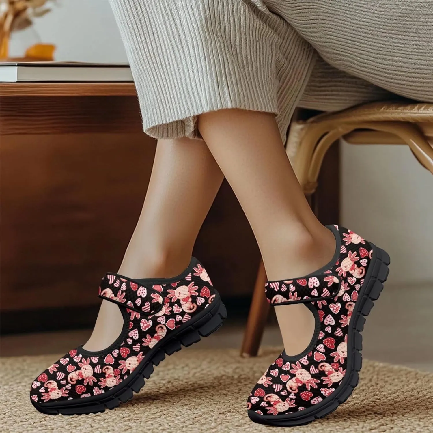 Love Heart Pattern Womens Shoes Casual Breathable Slip On Kung Fu Mary Jane Shoes Diabetic Adjustable Grounding Shoes