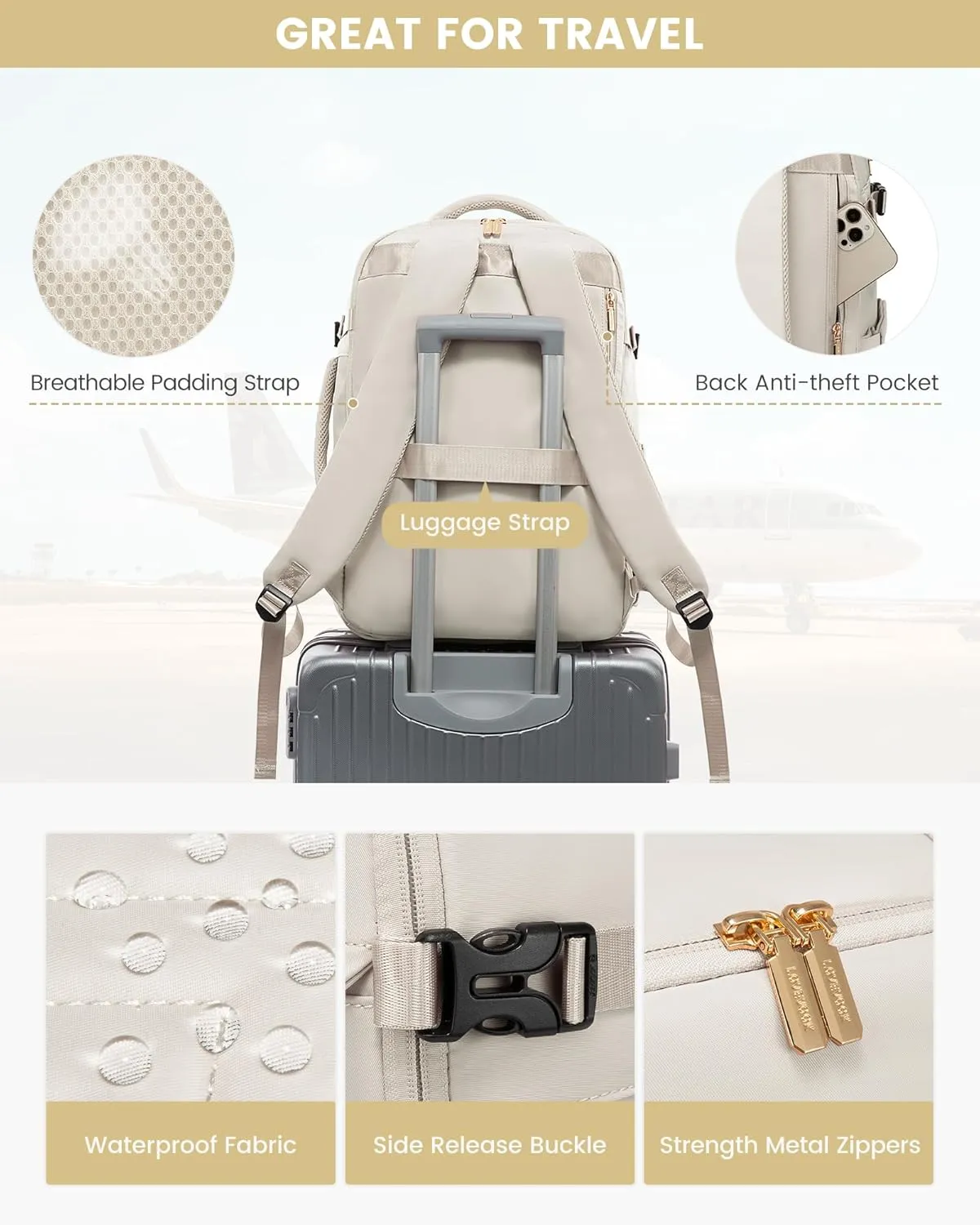 LOVEVOOK Carry On Travel Backpack for Women, TSA Personal Item Travel Bag for Airplanes, Waterproof Carry on Bag Flight Approved 35L Daypack with 2 Packing Cubes, Fits 15.6" Laptop, Beige