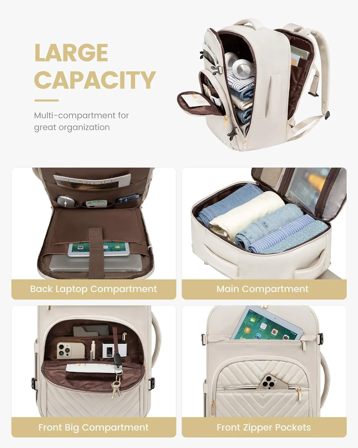 LOVEVOOK Carry On Travel Backpack for Women, TSA Personal Item Travel Bag for Airplanes, Waterproof Carry on Bag Flight Approved 35L Daypack with 2 Packing Cubes, Fits 15.6" Laptop, Beige
