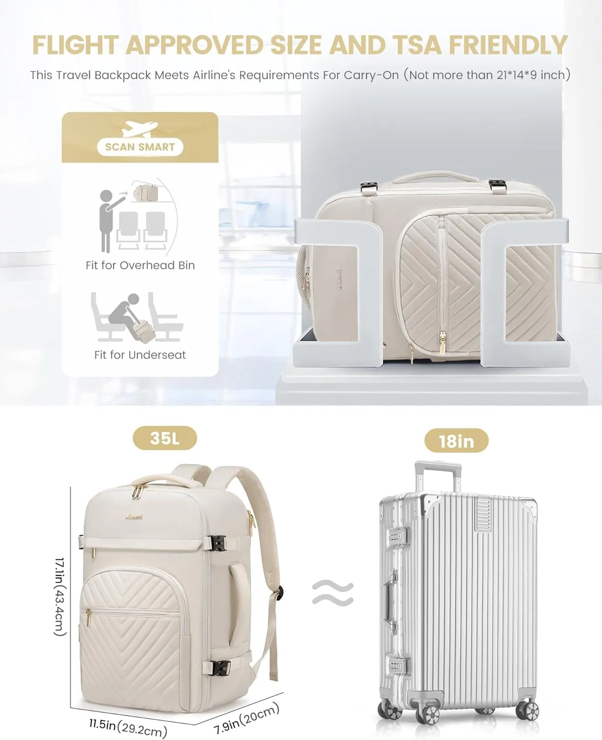 LOVEVOOK Carry On Travel Backpack for Women, TSA Personal Item Travel Bag for Airplanes, Waterproof Carry on Bag Flight Approved 35L Daypack with 2 Packing Cubes, Fits 15.6" Laptop, Beige