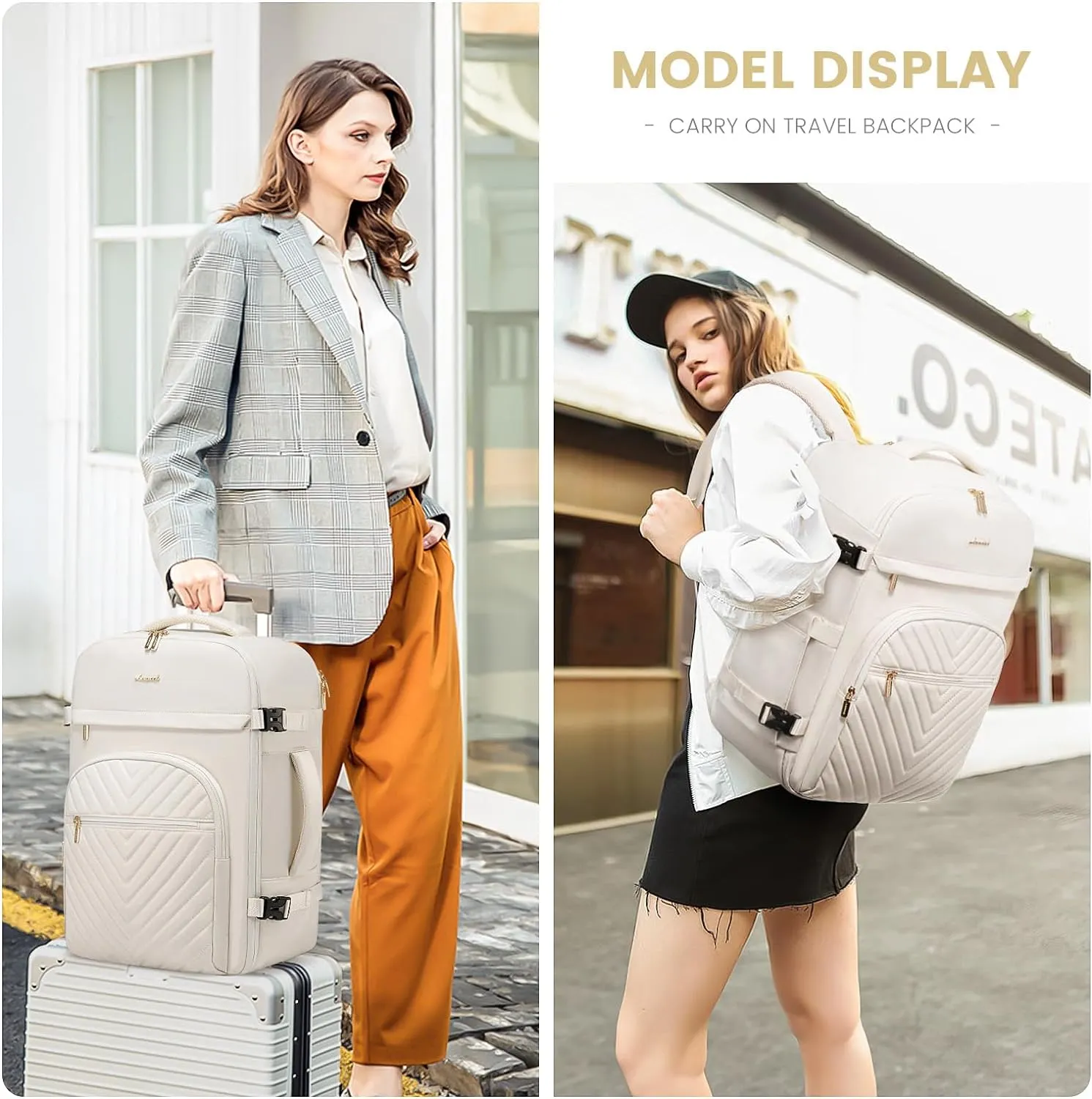LOVEVOOK Carry On Travel Backpack for Women, TSA Personal Item Travel Bag for Airplanes, Waterproof Carry on Bag Flight Approved 35L Daypack with 2 Packing Cubes, Fits 15.6" Laptop, Beige