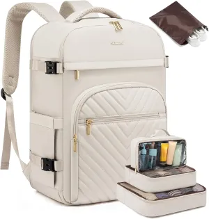 LOVEVOOK Large Travel Backpack for Women, TSA Carry on Backpack for Airplanes, 40L Personal Item Travel Bag fits 17" Laptop, Waterproof Carry on Bag Flight Approved with 4 Packing Cubes, Beige