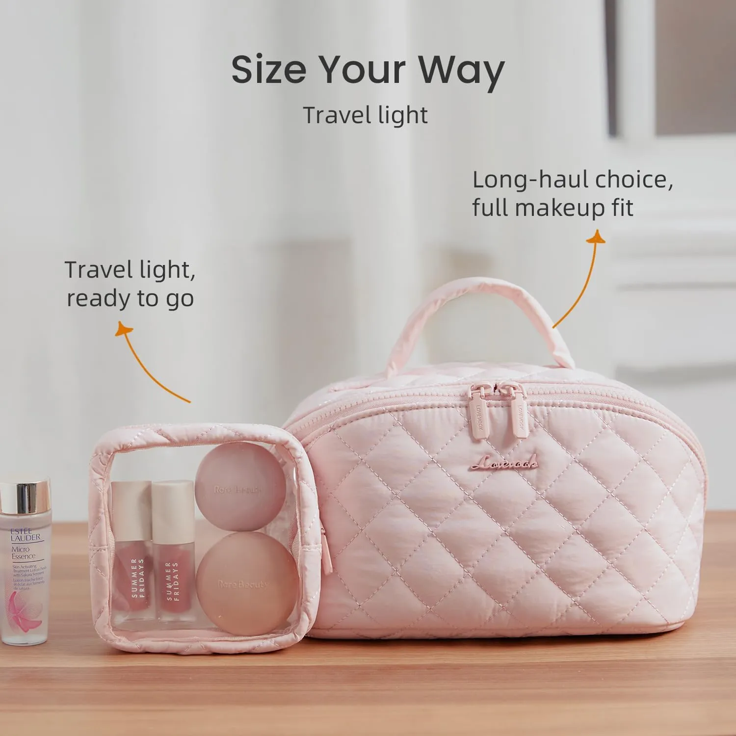 LOVEVOOK Travel Makeup Bag for Women, 2Pcs Set Puffer Waterproof Cosmetic Organizer, Large Capacity Pouch Open Flat Toiletry Bag with Divider & Handle, Portable Gift for Her, Pink