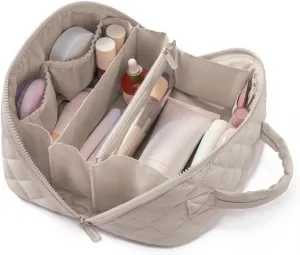 LOVEVOOK Travel Makeup Bag for Women 2Pcs Set, Puffer Waterproof Cosmetic Organizer, Large Capacity Pouch Open Flat Toiletry Bags with Divider & Handle, Portable Gift for Her (Khaki)