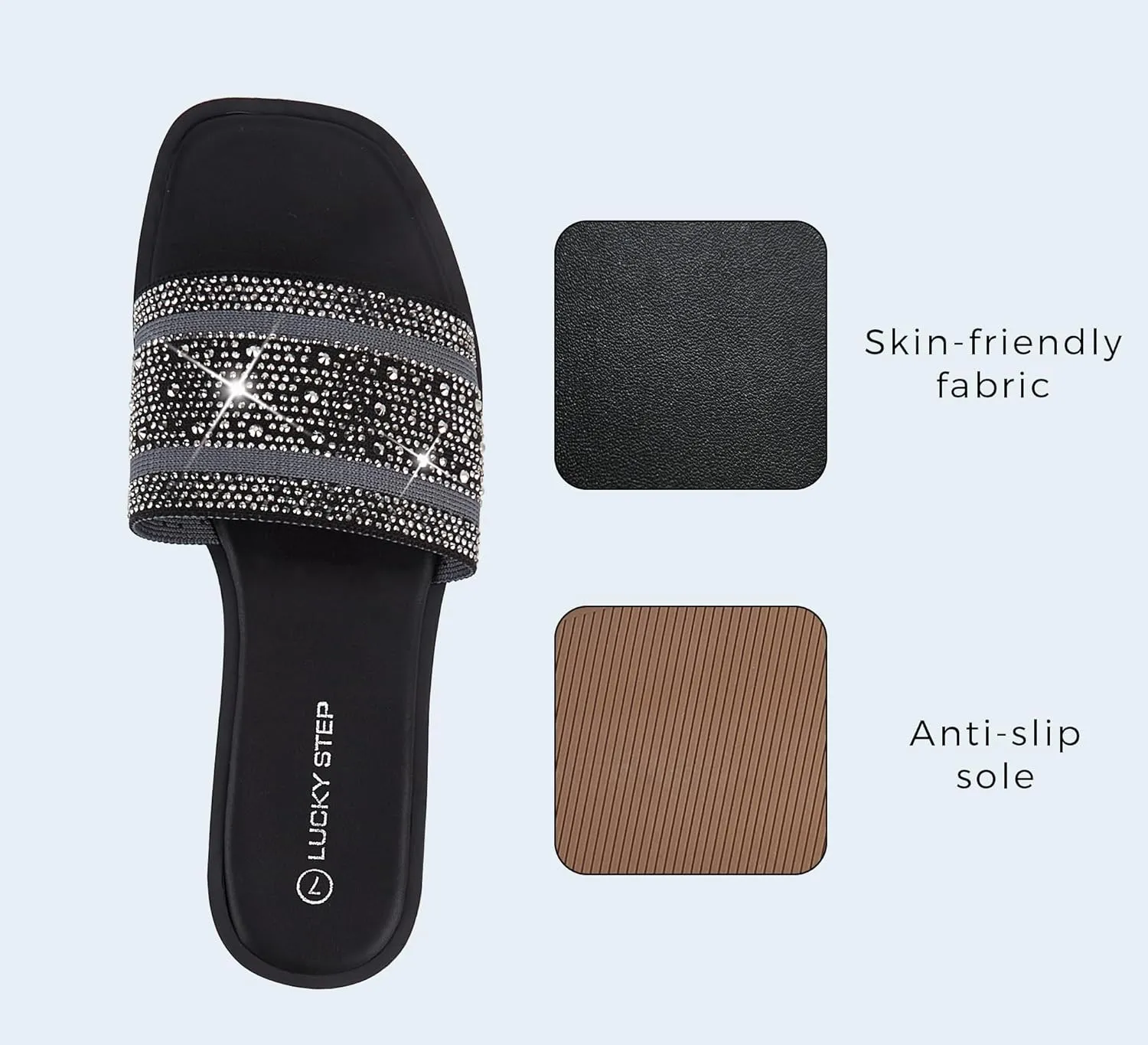 LUCKY STEP Women's Rhinestone Flat Sandals Square Open Toe Sparkly Glitter Fashion Braided Slide Sandals Summer