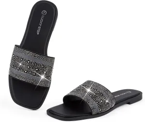 LUCKY STEP Women's Rhinestone Flat Sandals Square Open Toe Sparkly Glitter Fashion Braided Slide Sandals Summer