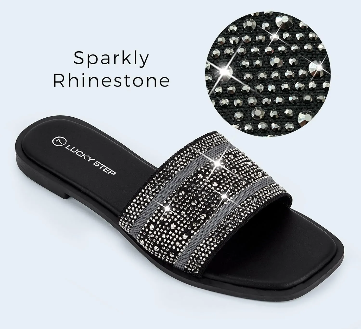 LUCKY STEP Women's Rhinestone Flat Sandals Square Open Toe Sparkly Glitter Fashion Braided Slide Sandals Summer