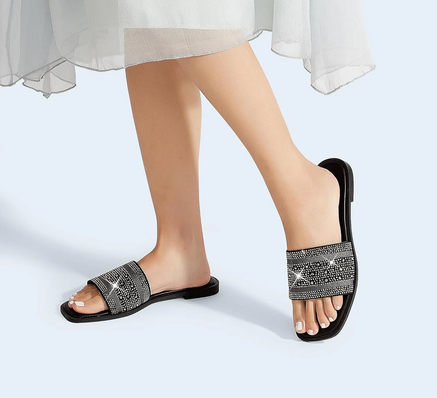 LUCKY STEP Women's Rhinestone Flat Sandals Square Open Toe Sparkly Glitter Fashion Braided Slide Sandals Summer