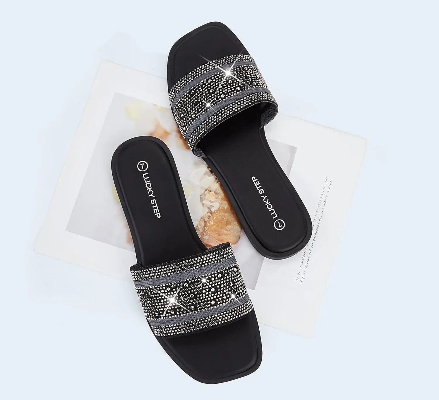 LUCKY STEP Women's Rhinestone Flat Sandals Square Open Toe Sparkly Glitter Fashion Braided Slide Sandals Summer