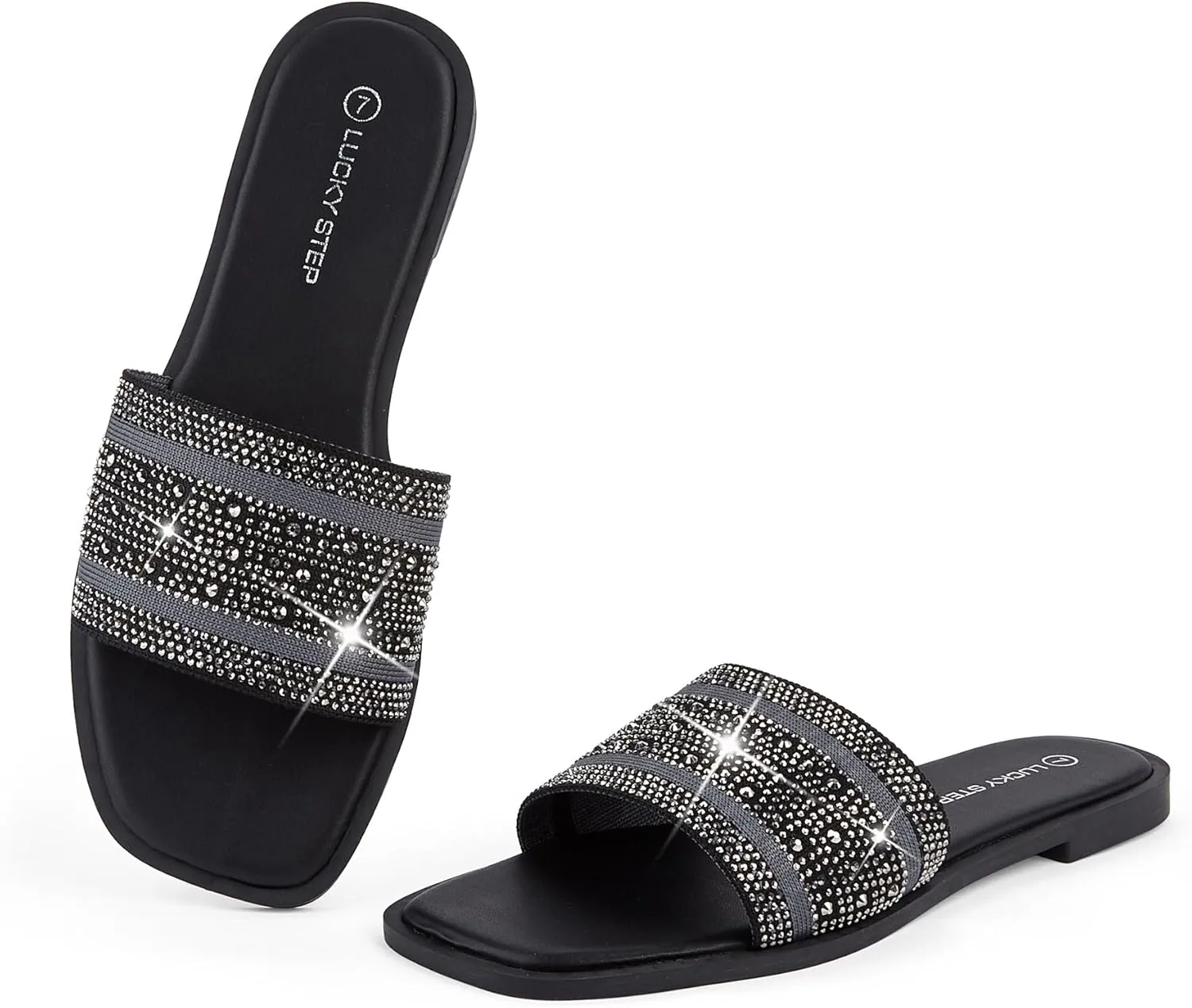 LUCKY STEP Women's Rhinestone Flat Sandals Square Open Toe Sparkly Glitter Fashion Braided Slide Sandals Summer