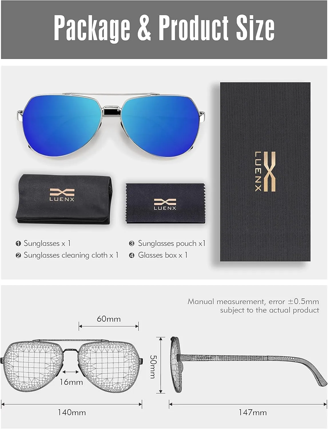 LUENX Aviator Sunglasses for Men Women Polarized New Shades Large Metal Frame - UV 400 Protection