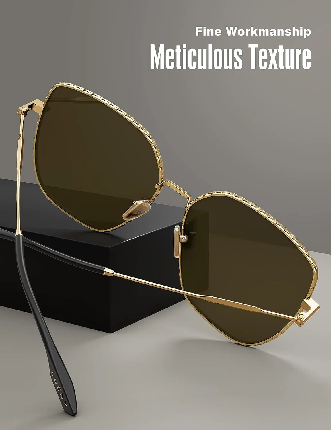 LUENX Trendy Square Oversized Women Aviator Sunglasses - Polygon Flat Three dimensional Rhombic Loop Wire Frame PC Lens