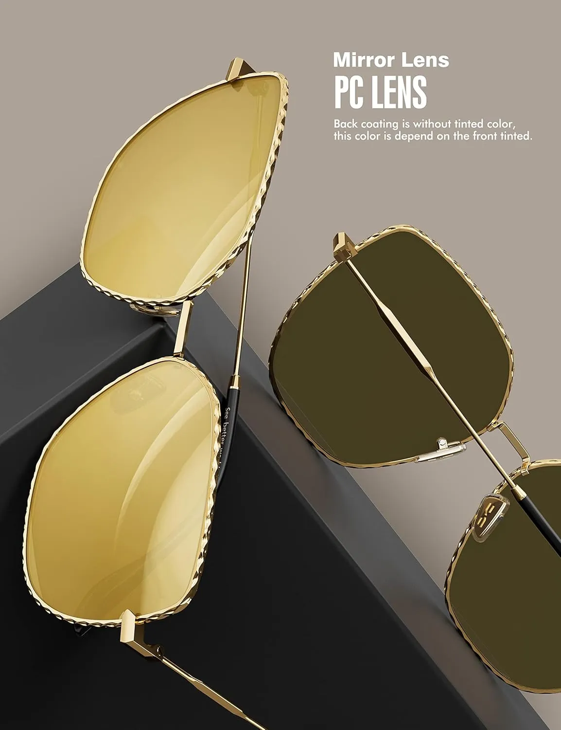 LUENX Trendy Square Oversized Women Aviator Sunglasses - Polygon Flat Three dimensional Rhombic Loop Wire Frame PC Lens